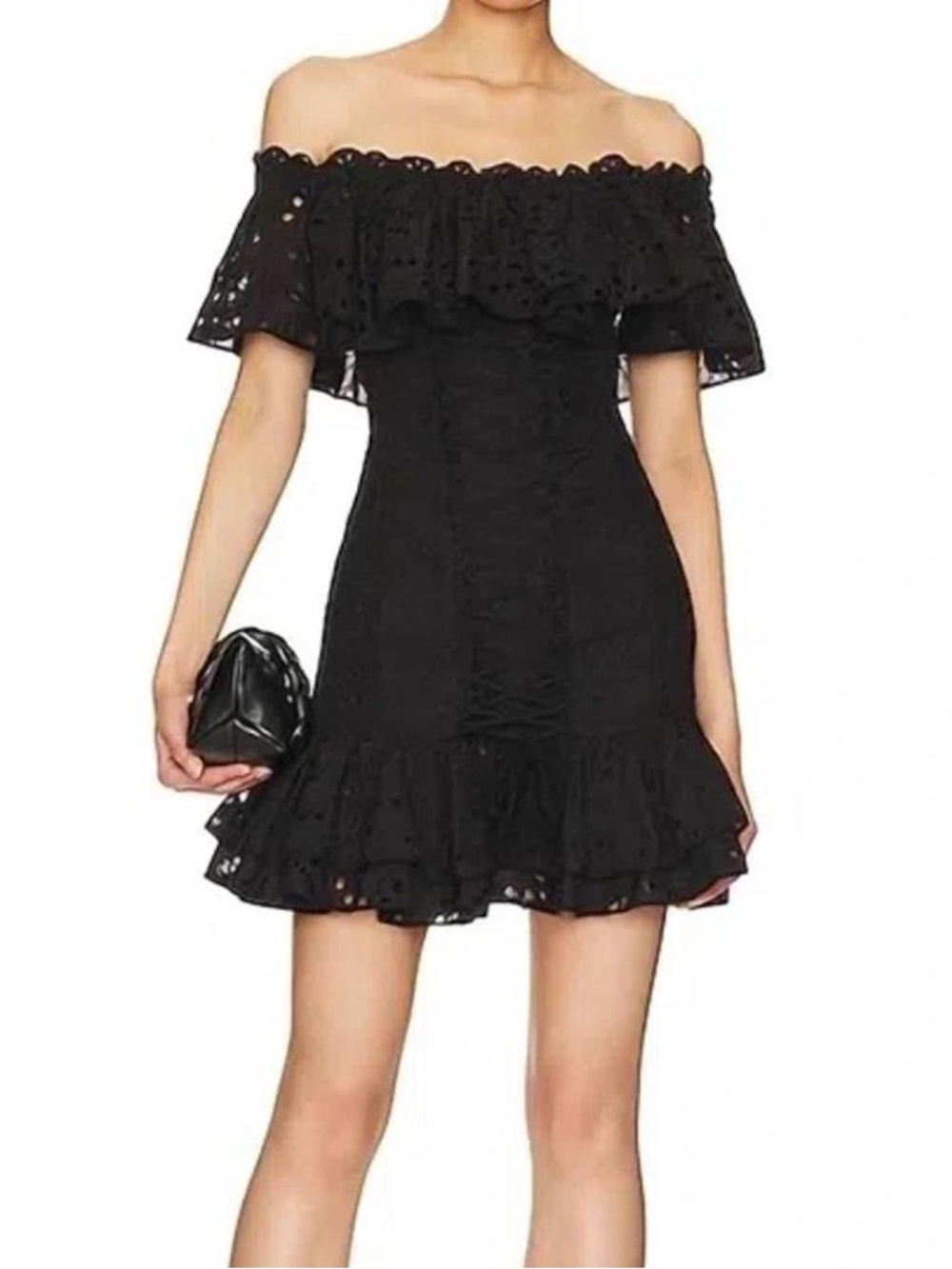 Charo Ruiz Black One-Shoulder Eyelet Ruffle Mini Dress